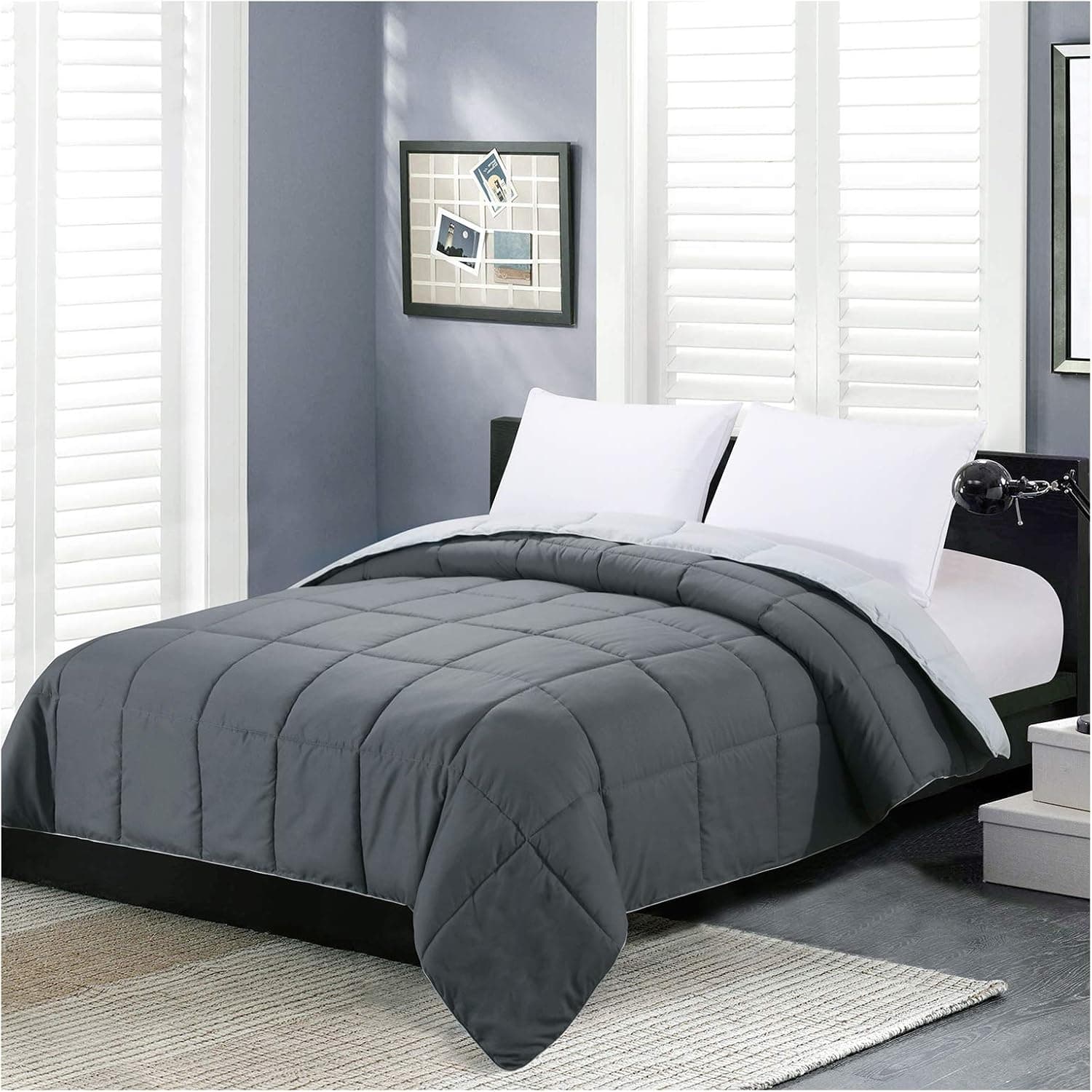 Queen Size Grey Down Alternative Comforter, Reversible All Season